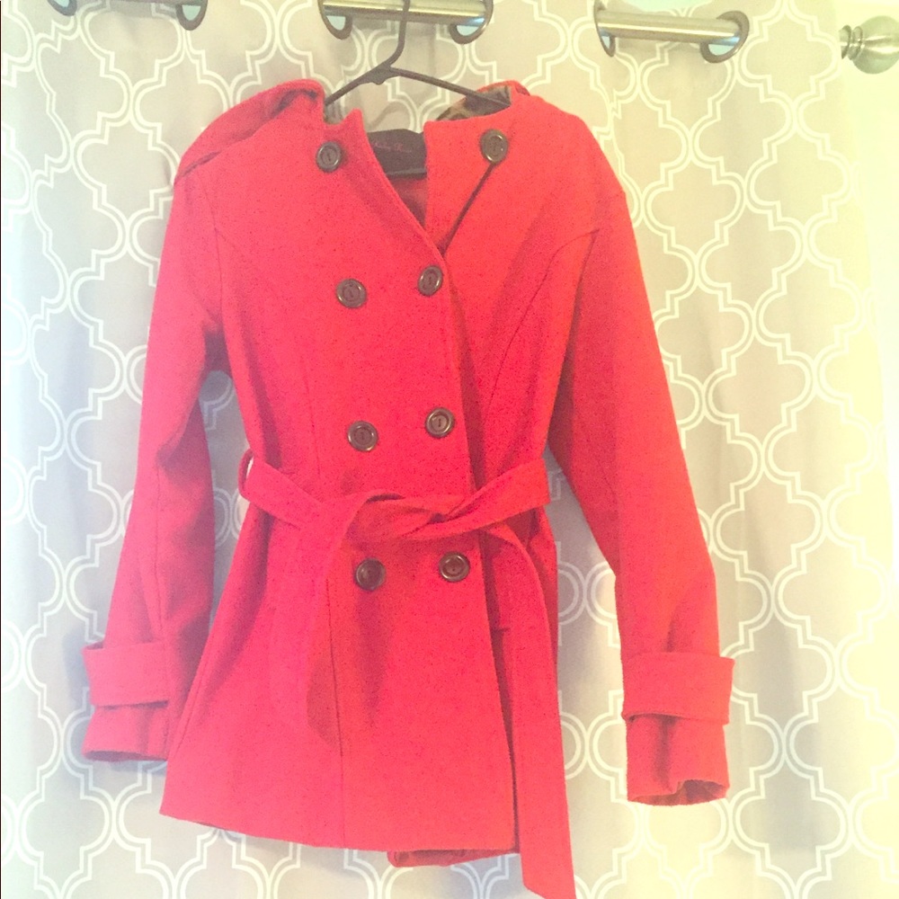 Red pea coat with leopard hood detail